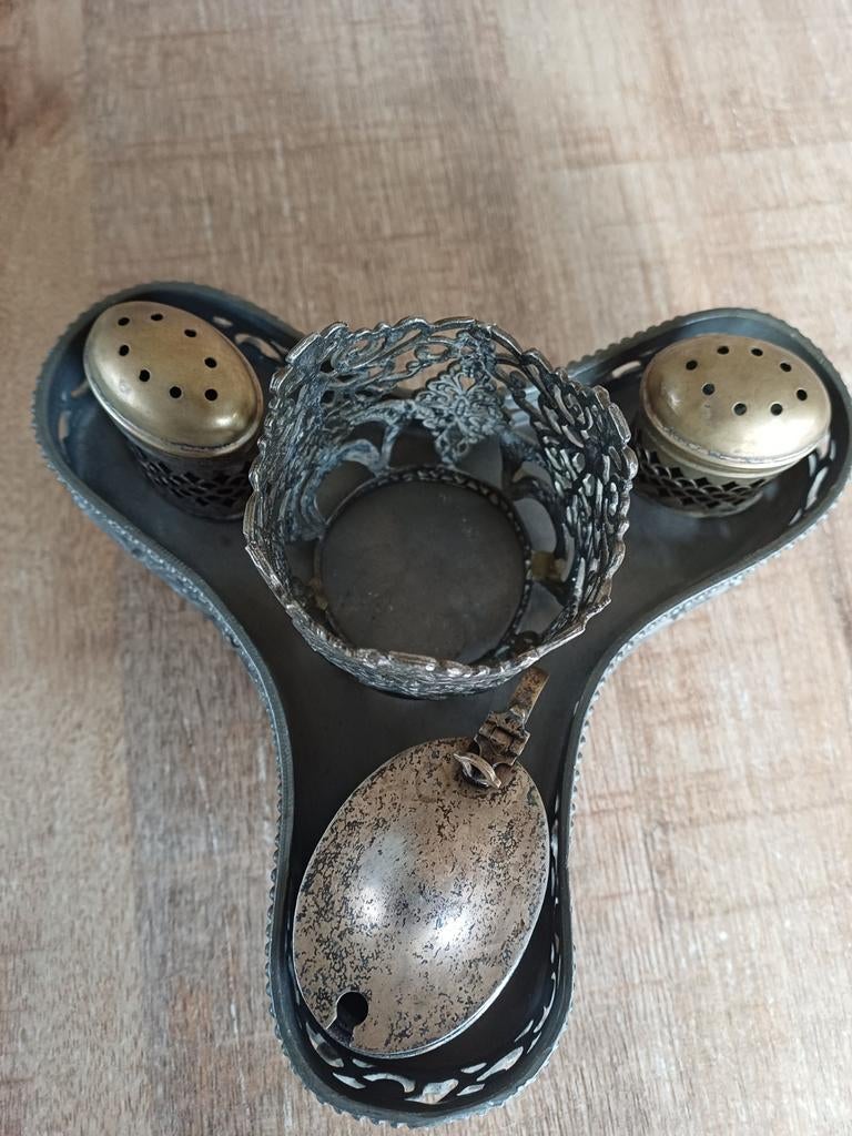 Antiek peper zout en mosterd stelletje., Ophalen of Verzenden