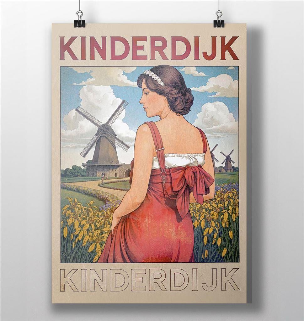 Mooie Kinderdijk Vintage Stijl Reis Poster 50x70cm, Ophalen of Verzenden, Nieuw, A1 t/m A3, Overige onderwerpen