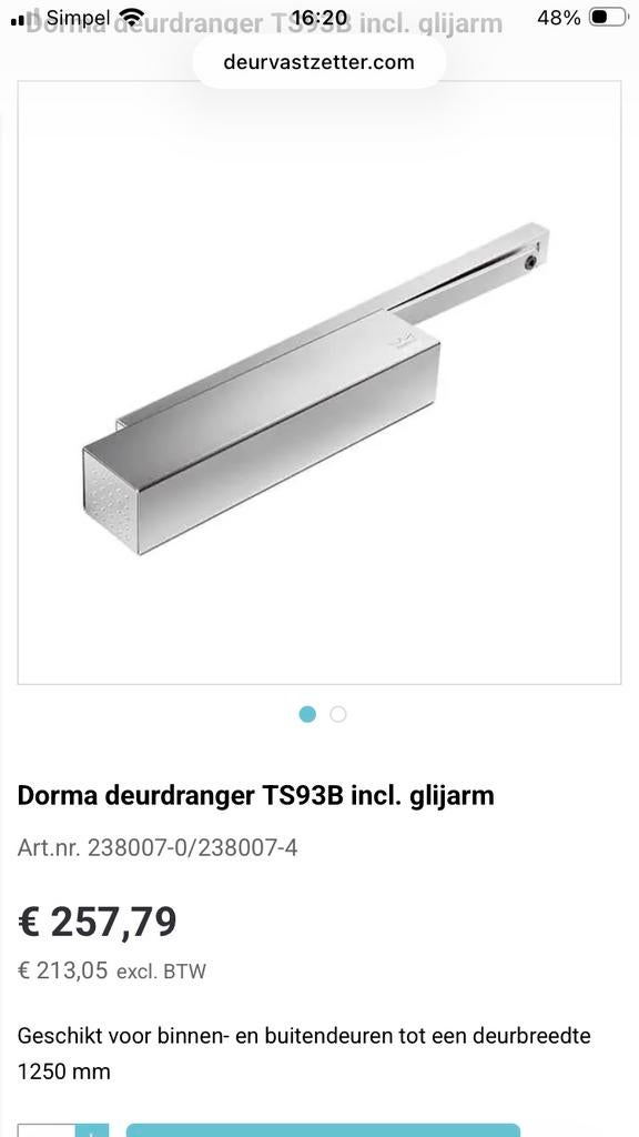 Deurdranger Dormakaba, Doe-het-zelf en Verbouw, Hang- en Sluitwerk, Ophalen of Verzenden, Nieuw, Rvs, Overige typen