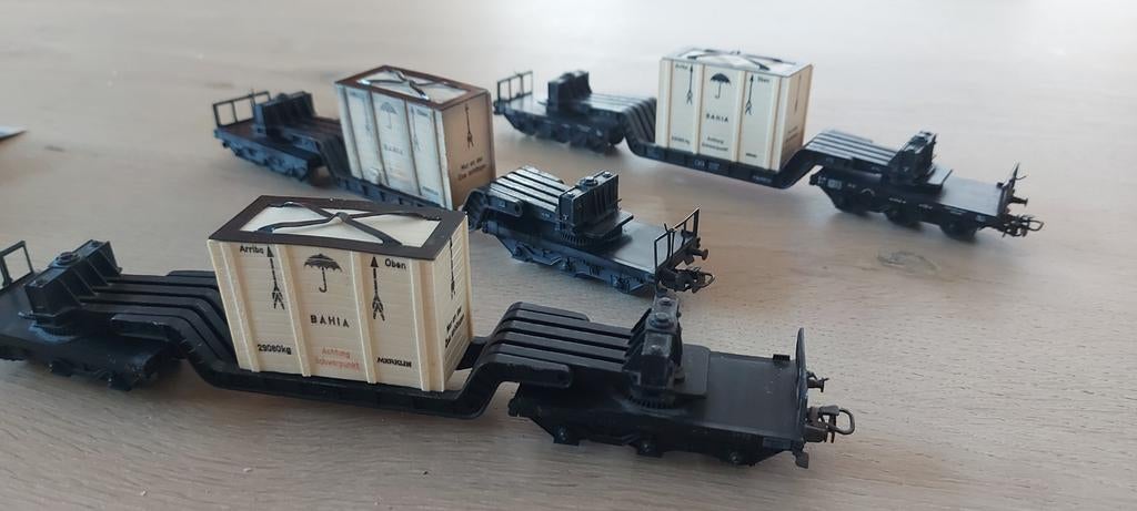 3 Märklin DB/Bahia diepladerwagens met kist artnr 4618.1, Hobby en Vrije tijd, Modeltreinen | H0, Wisselstroom, Wagon, Ophalen of Verzenden
