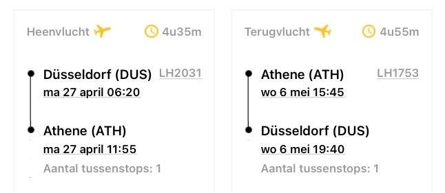 Retour vliegtickets van Düsseldorf naar Athene, Tickets en Kaartjes, Twee personen, Vliegtuig, Buitenland, Met bestemming of datum