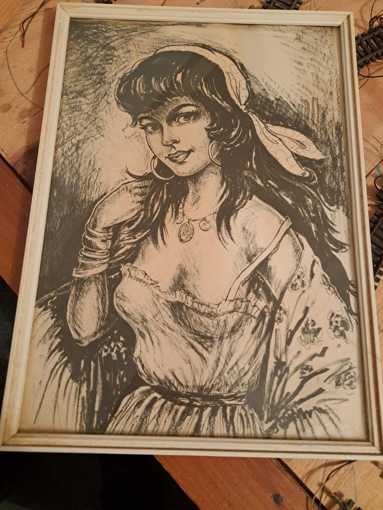 MOOIE OUDE VINTAGE LIJST MET AFBEELDING VAN ZIGEUNER DAME, Huis en Inrichting, Woonaccessoires | Schilderijen, Tekeningen en Foto's