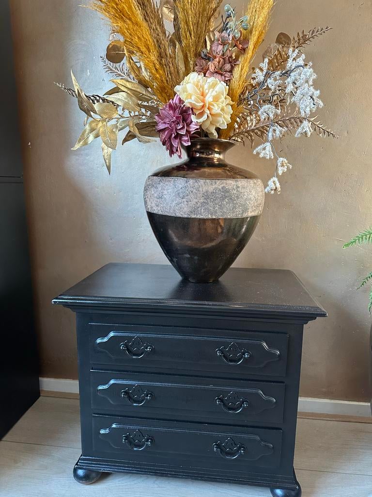 Zwart Brocante Nachtkastje / Bijzettafel met Lades, Ophalen