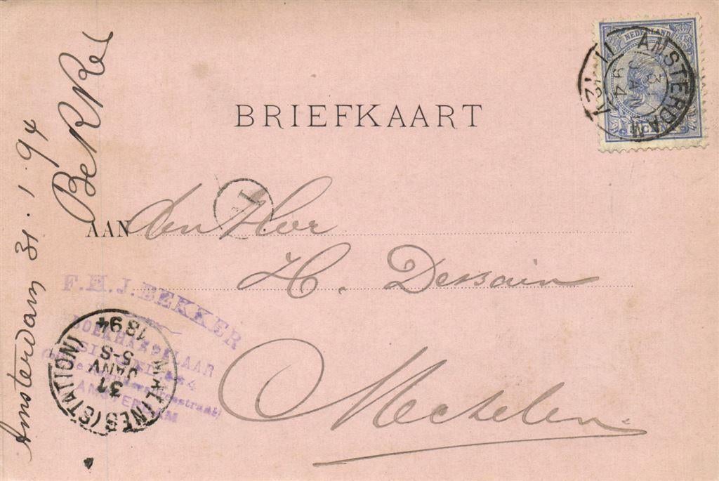 F.H.J. Bekker, Boekhandelaar, Amsterdam - 01.1894 - briefkaa, Ophalen of Verzenden, Briefkaart