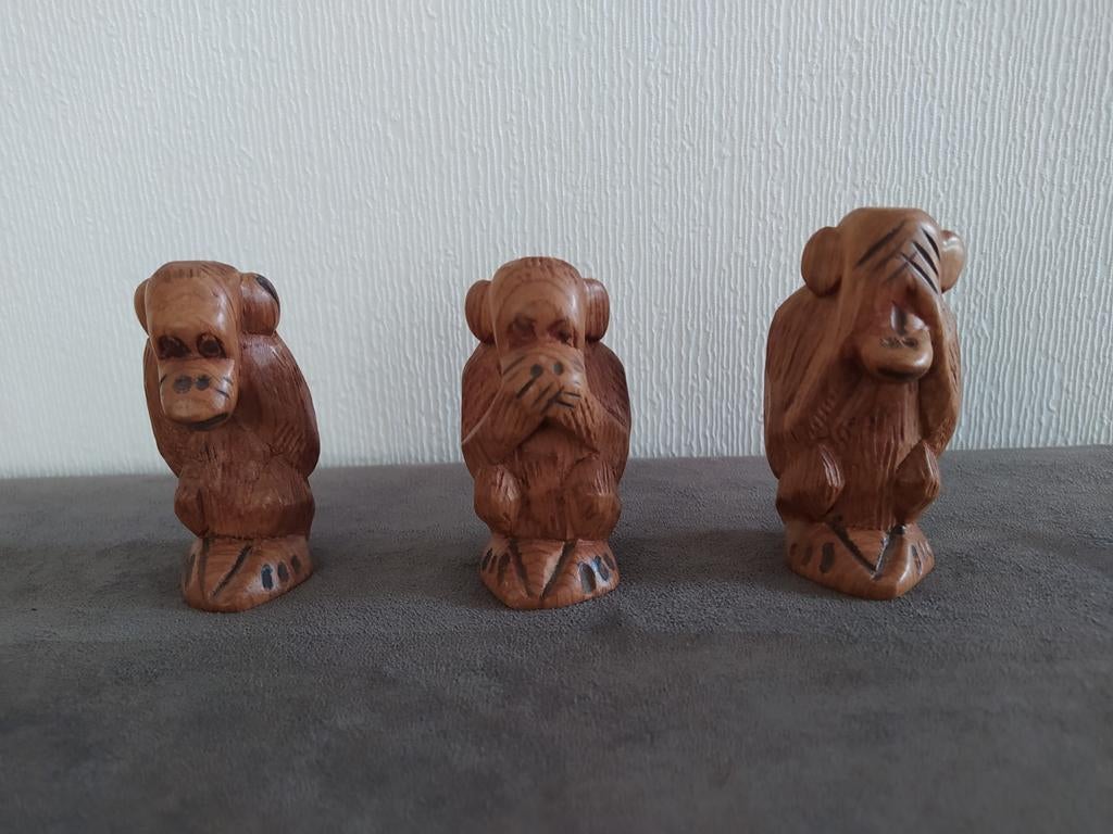 Vintage hout gesneden set aapjes: horen, zien en zwijgen, Antiek en Kunst, Ophalen of Verzenden