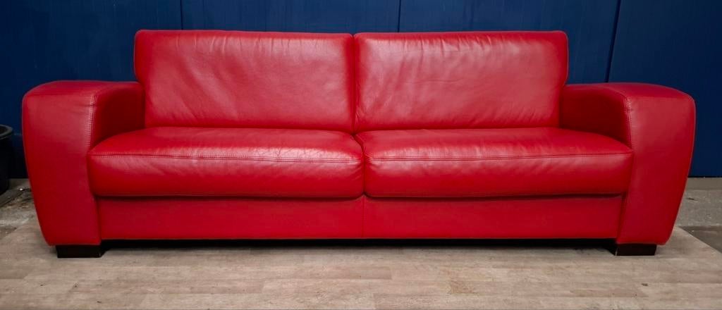 Rood leren bank 78 x 225 x 90 cm, Ophalen, Gebruikt, Driepersoons, Rechte bank