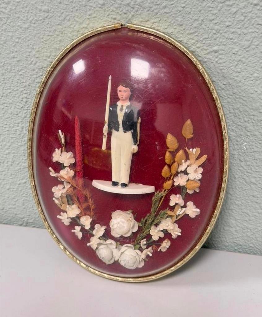 Antieke ronde stolp ovaal handgemaakt poppetje bloemen 1900, Antiek en Kunst, Ophalen of Verzenden