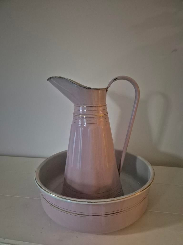 Roze emaille lampetstel lampet set waterkan, Antiek en Kunst, Ophalen of Verzenden