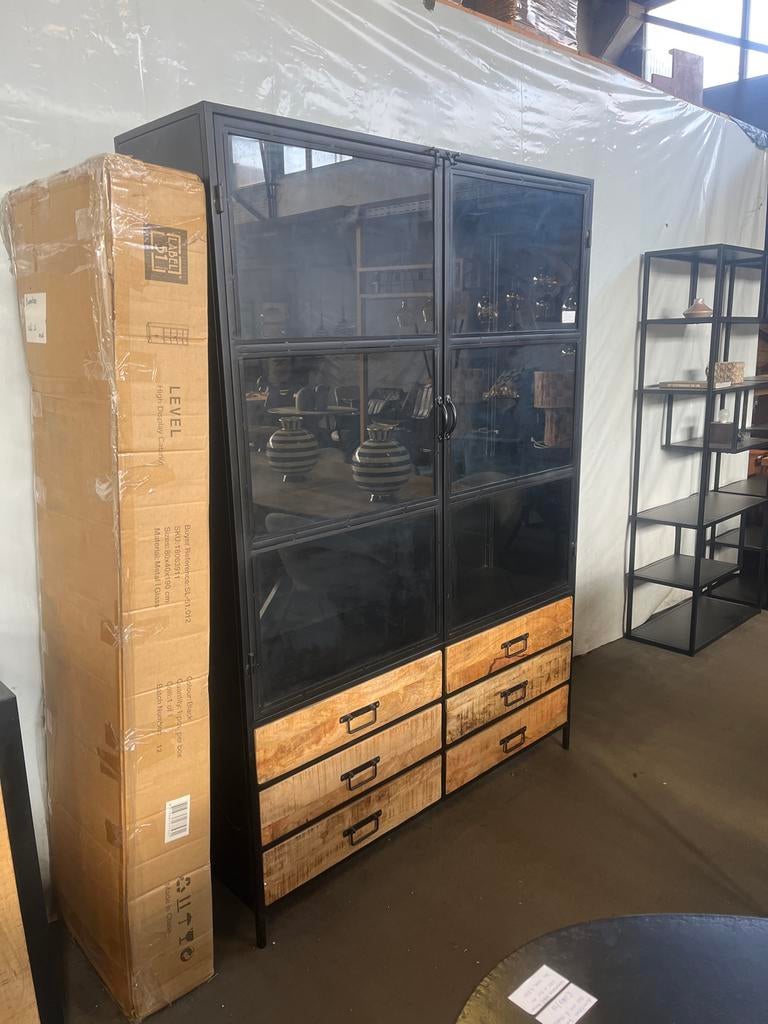 Vitrinekast mangohout en staal - Weco Meubelen, Ophalen, 100 tot 150 cm, 200 cm of meer, Nieuw