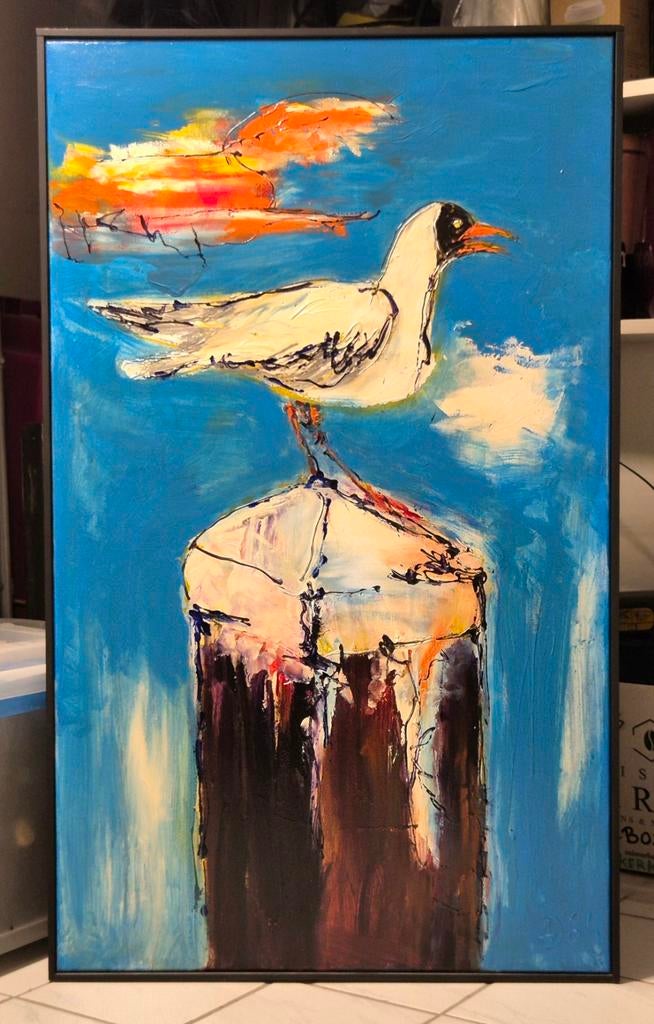 Schilderij van Arno Overdevest, meeuw op meerpaal, Antiek en Kunst, Ophalen