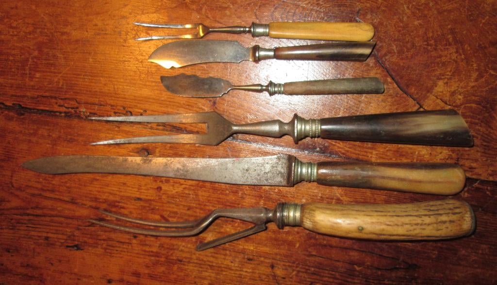 voorsnijbestek vleesvork mes gewei botermes vork jacht zwijn, Antiek en Kunst, Antiek | Bestek, Ophalen of Verzenden