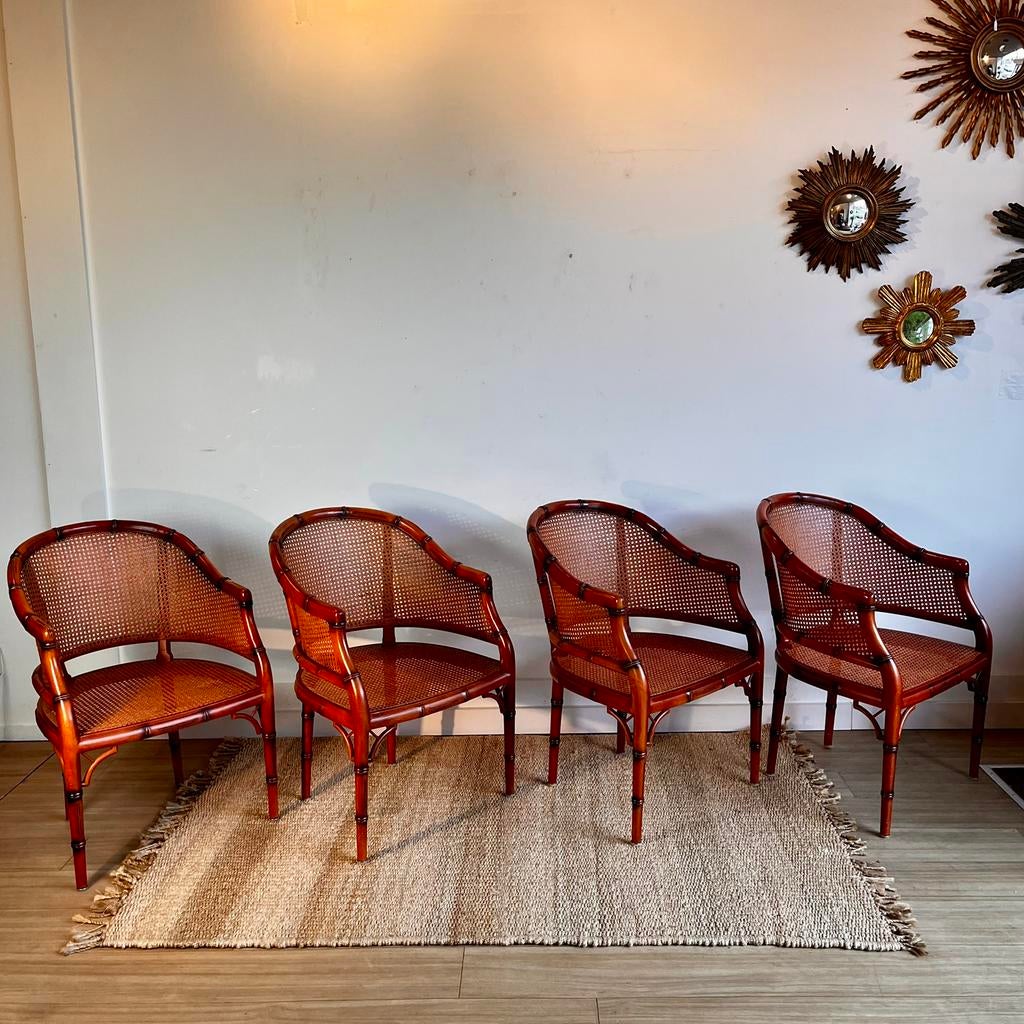 4 Faux bamboo bamboe stoelen vintage. Giorgetti Regency, Huis en Inrichting, Stoelen, Bruin, Vintage, Vintage, Zo goed als nieuw