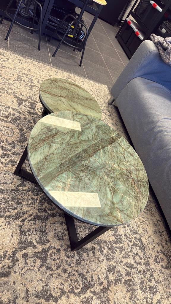 Luxe marmeren salontafel set (2-delig) – groen natuursteen, 50 tot 100 cm, Rond, Ophalen of Verzenden, Zo goed als nieuw