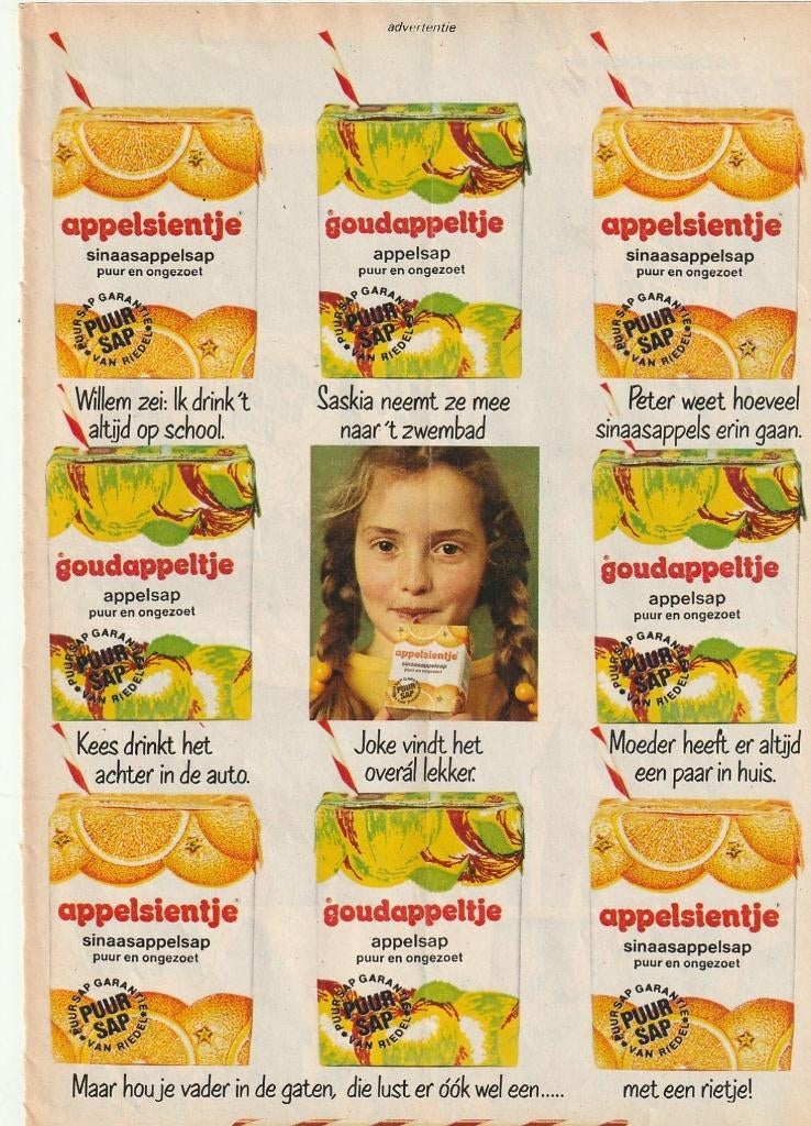 Retro reclame 1977 Riedel Goudappeltje voor Joke Kees Willem, Verzamelen, Retro, Verzenden, Overige typen