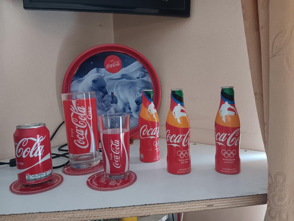 cocacola verzameling glas dienblad  3 aluminium flesjes enzv, Ophalen, Gebruikt, Overige typen