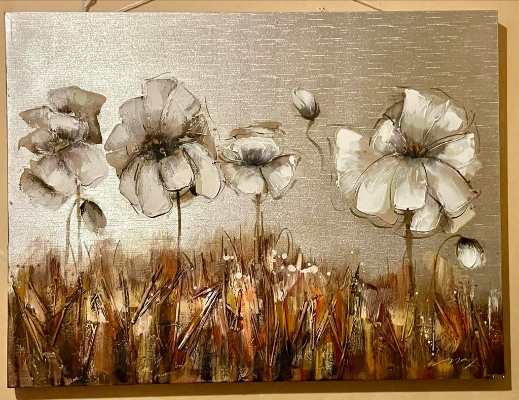 Bloemen schilderij met zilveren achtergrond, Ophalen