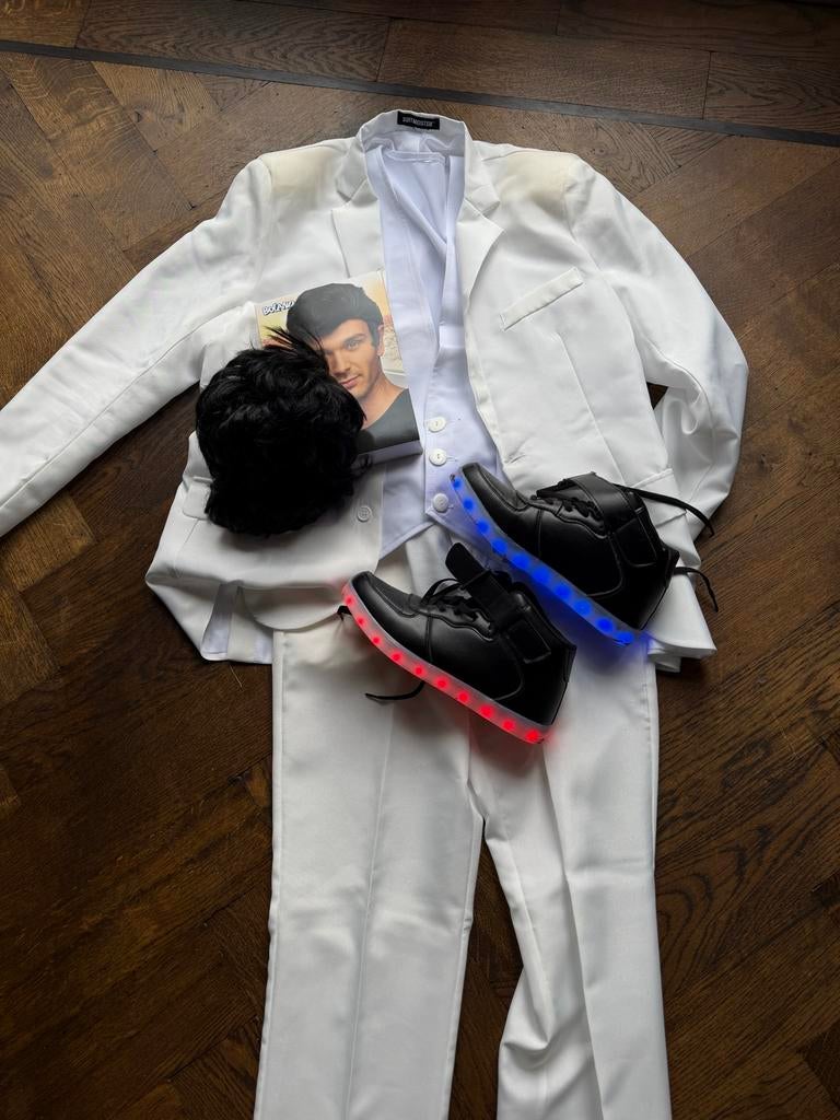 Travolta Disco kostuum +lichtgevende schoenen!, Maat 52/54 (L), Carnaval, Ophalen of Verzenden, Zo goed als nieuw