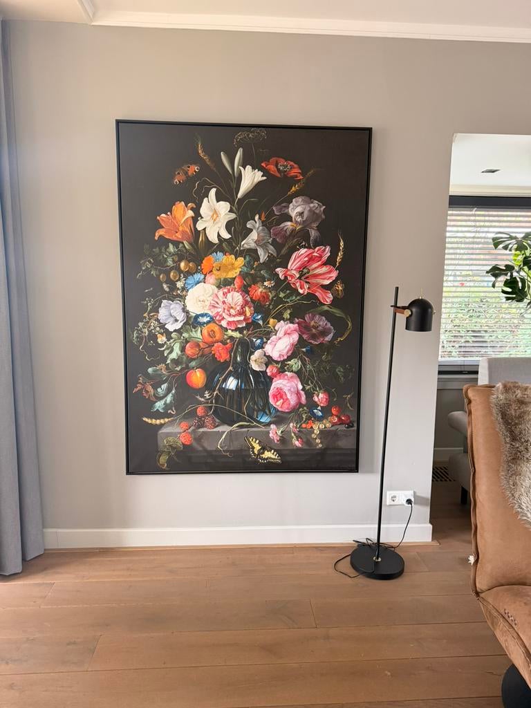 Schilderij met bloemen en vlinders op canvasdoek!, Ophalen, 125 cm of meer, Zo goed als nieuw, Schilderij