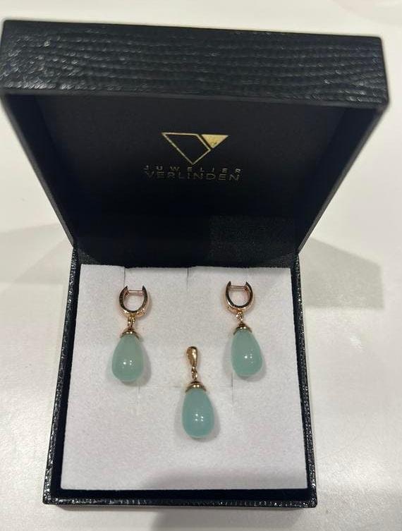 Oorbellen en hanger 14 karaat rose goud + blue agaat nieuw, Hangers, Nieuw, Ophalen of Verzenden, Met edelsteen