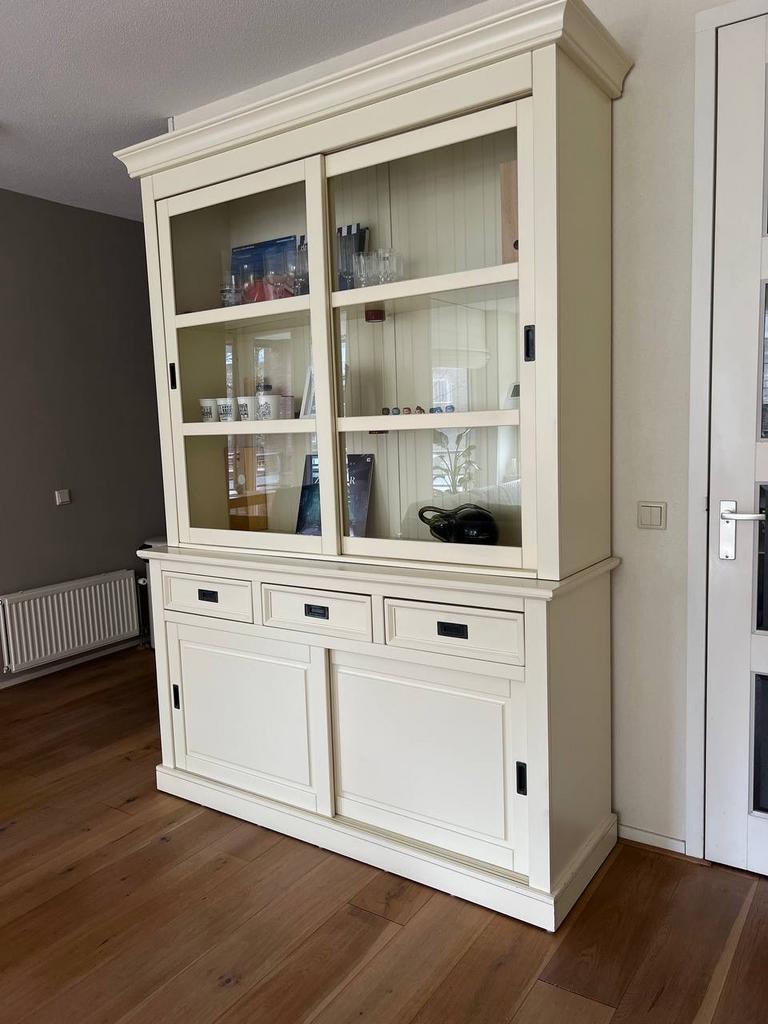 Klassieke Vitrinekast / buffetkast - Ivoor met Verlichting, Ophalen, Gebruikt, 150 tot 200 cm, Met lade(s)