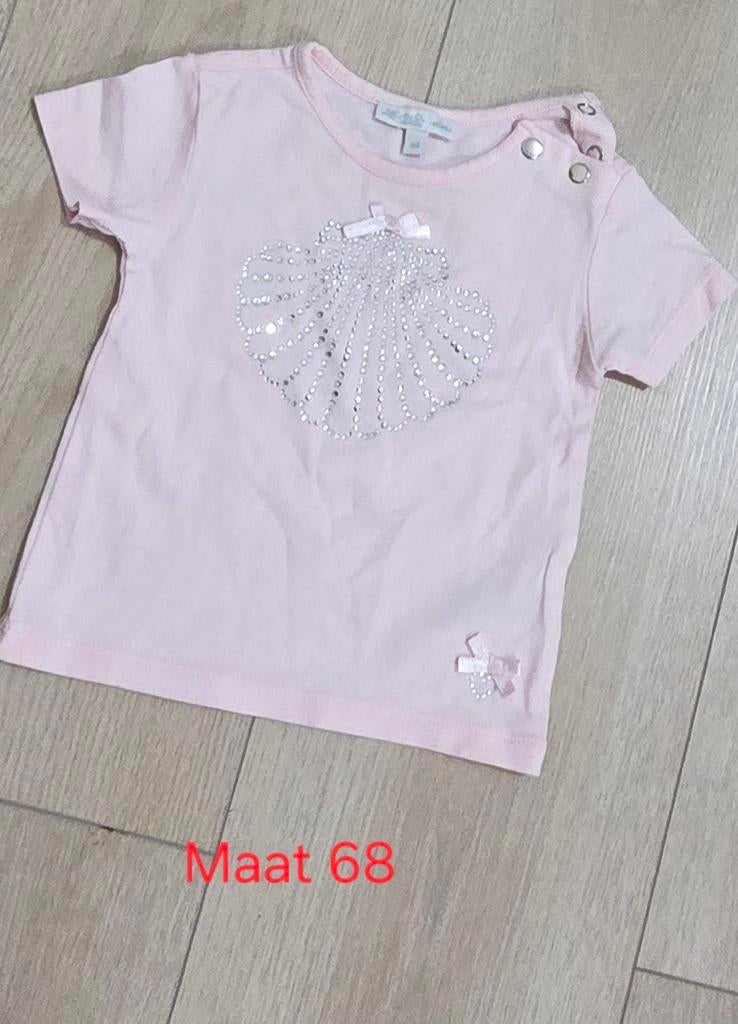 Roze T-shirt met schelp en strikjes - Maat 68, Kinderen en Baby's, Babykleding | Maat 68, Gebruikt, Meisje, Shirtje of Longsleeve