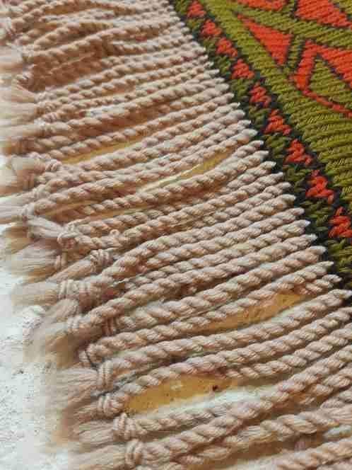 Retro gebreid kleed oranjebruin groen taupe 122/118 cm, Huis en Inrichting, Stoffering | Tapijten en Kleden, Gebruikt, Etten-Leur