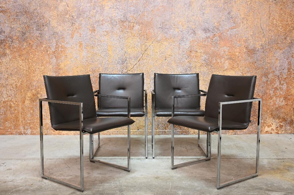 ZGANieuw 4 bruine leren Arco Frame design stoelen, Huis en Inrichting, Arco, Bruin, Ophalen of Verzenden, Zo goed als nieuw