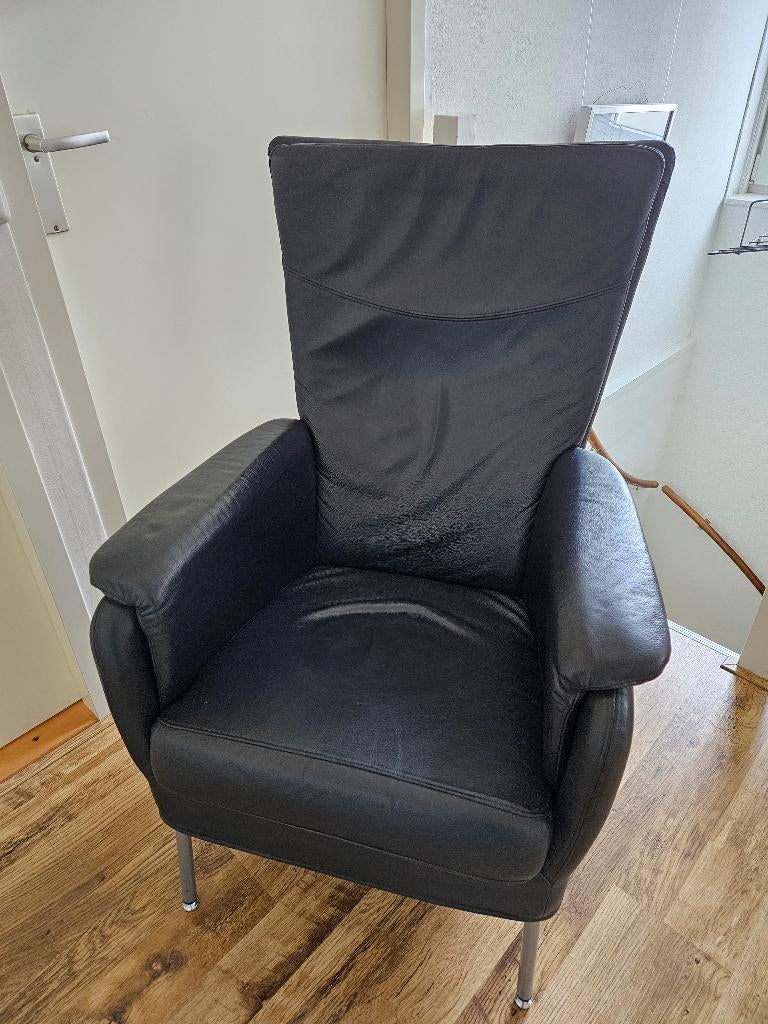 Leren stoel blauw van montel., Ophalen, Gebruikt, Blauw, Past in elk interieur.