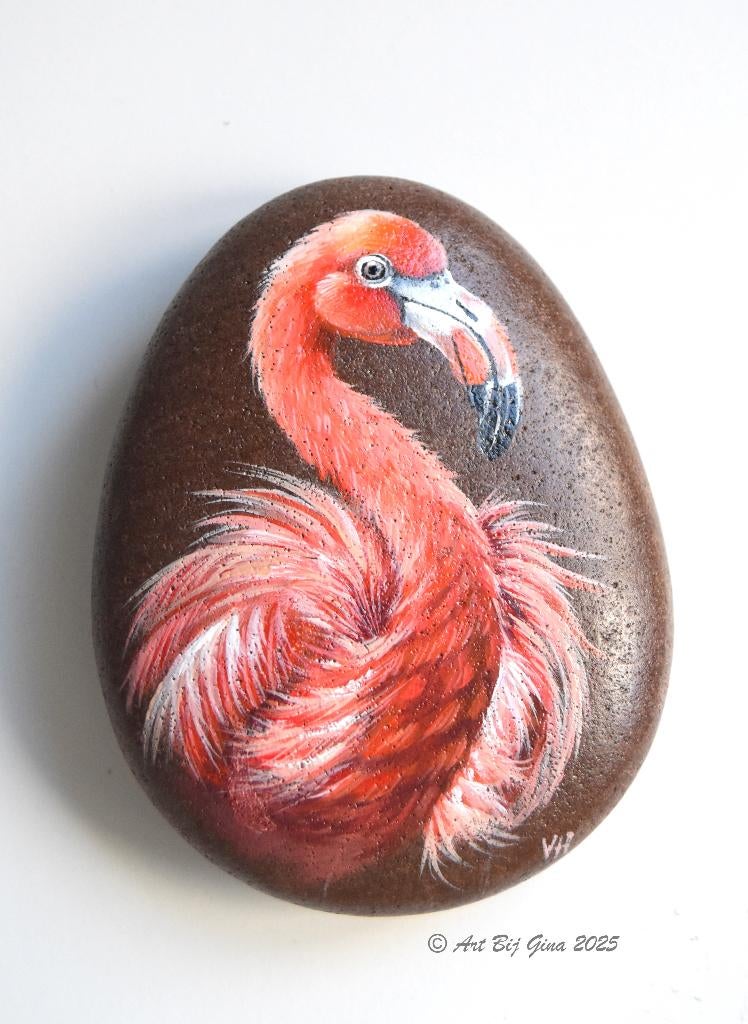 Mooie roze Flamingo geschilderd op een riviersteen, Ophalen of Verzenden