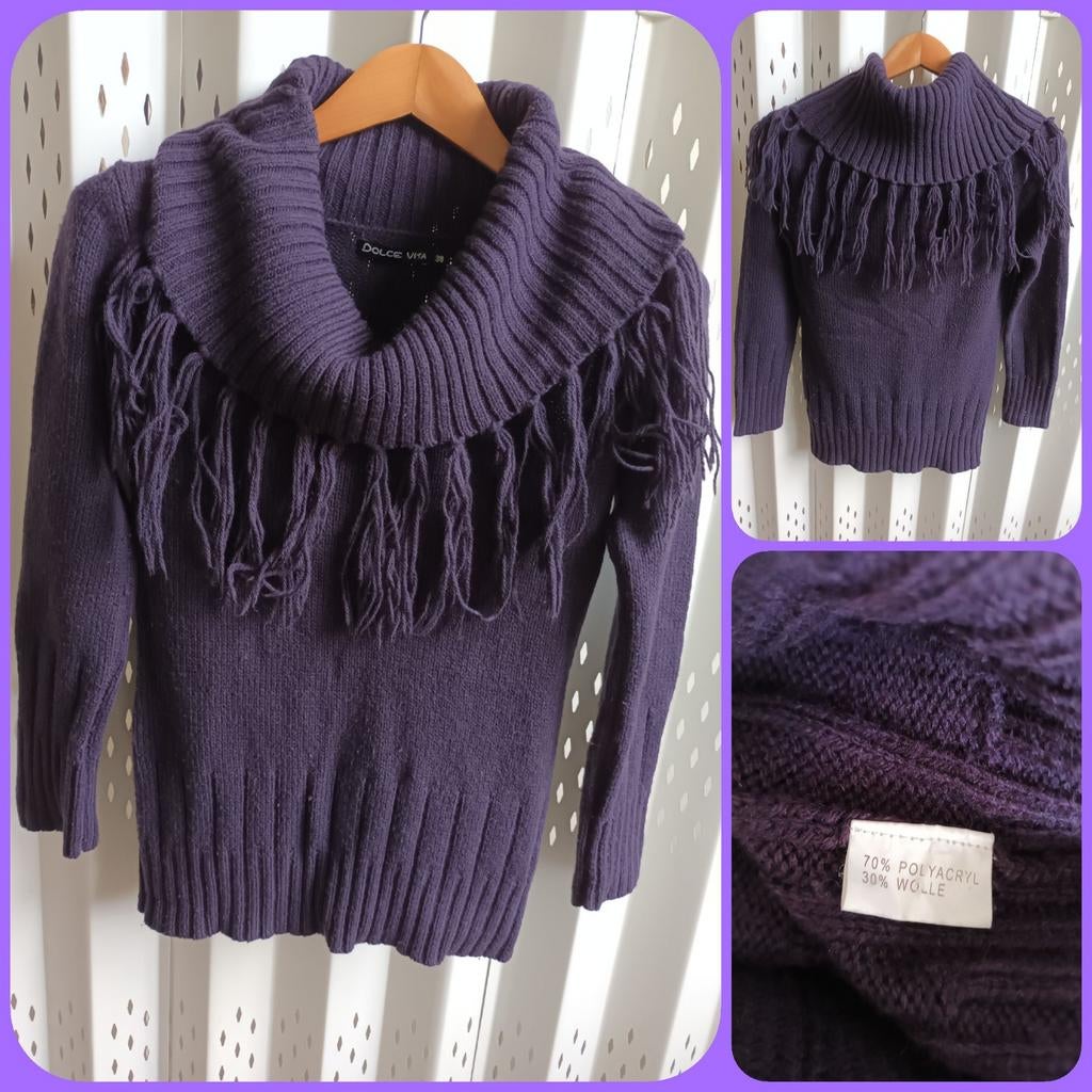 Dolce Vita paarse trui met franjes en col longsleeve 38, Maat 38/40 (M), Paars, Ophalen of Verzenden, Dolce Vita