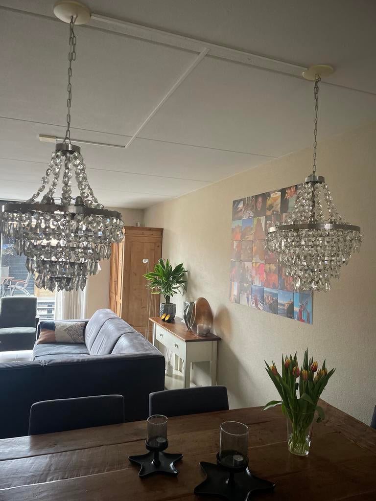 Set van 2 kristallen kroonluchters voor eettafel, Ophalen, Gebruikt, Glas, 50 tot 75 cm