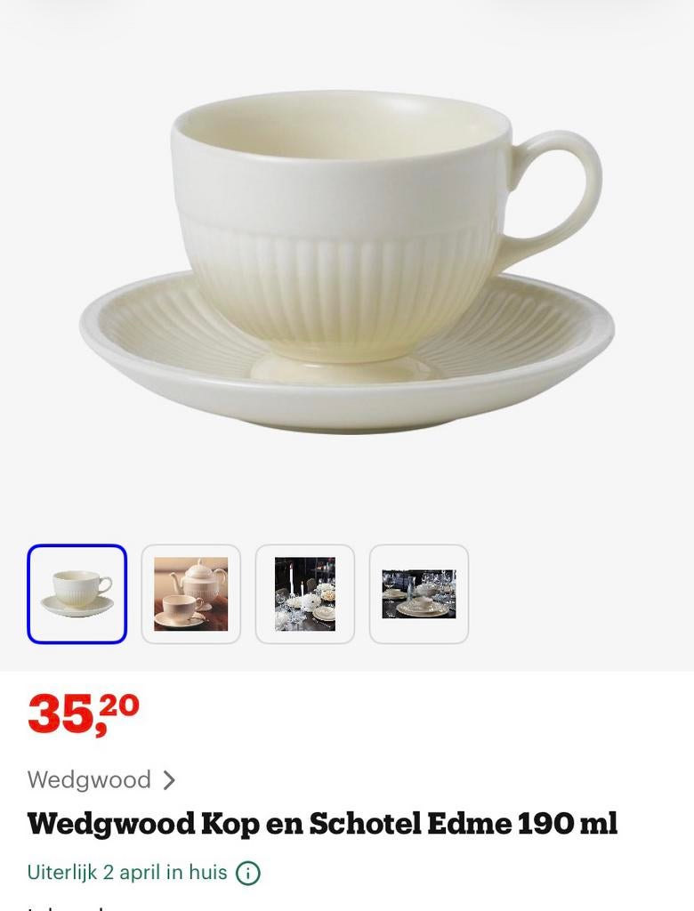 4 stuks theekop en schotel Wedgwood Edme Plaine, Ophalen of Verzenden, Zo goed als nieuw, Wedgwood, Kop(pen) en/of Schotel(s)