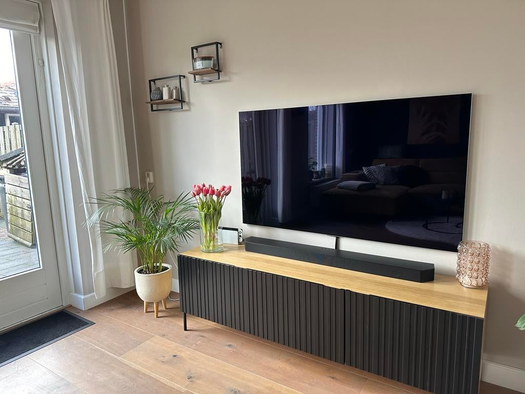 WOOOD Tv meubel - Zwart met Houten Bovenblad, Ophalen, Gebruikt, 150 tot 200 cm, Minder dan 100 cm