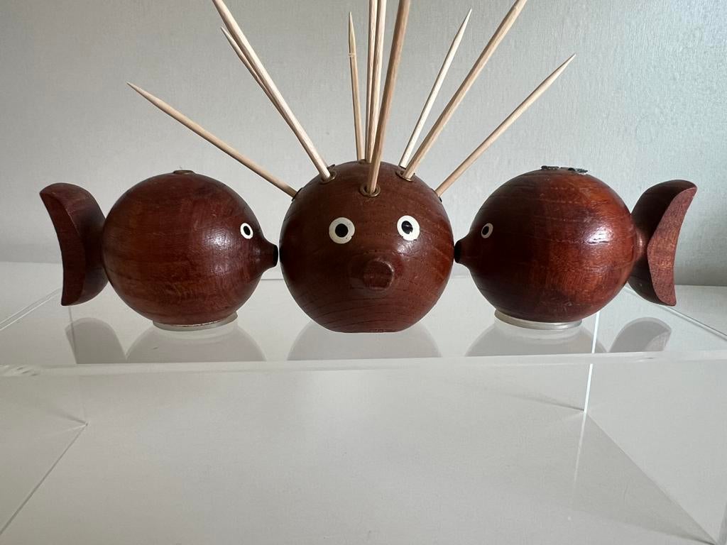 Vintage 3 Deens Kogelvis Teakhout Peper Zout Cocktailprikker, Ophalen of Verzenden