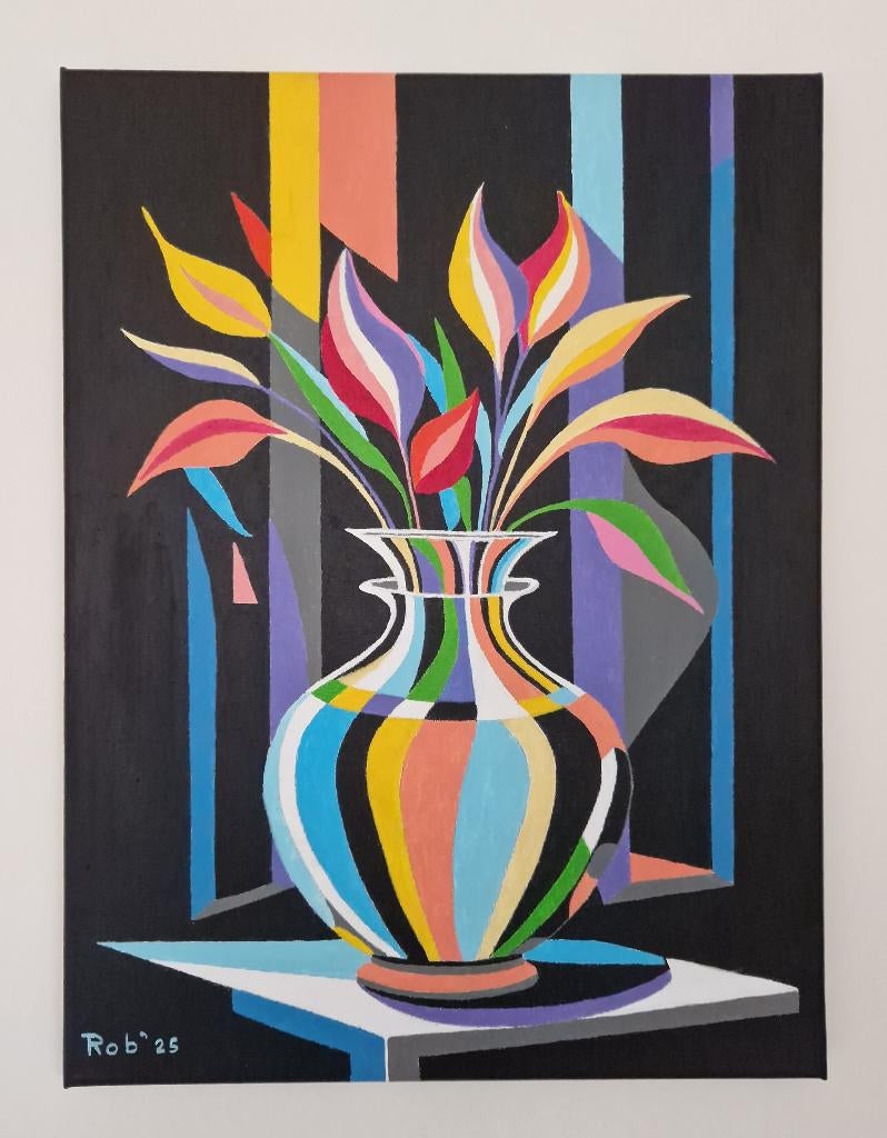 Vaas met bloemen, zelf geschilderd op doek met acryl, Ophalen