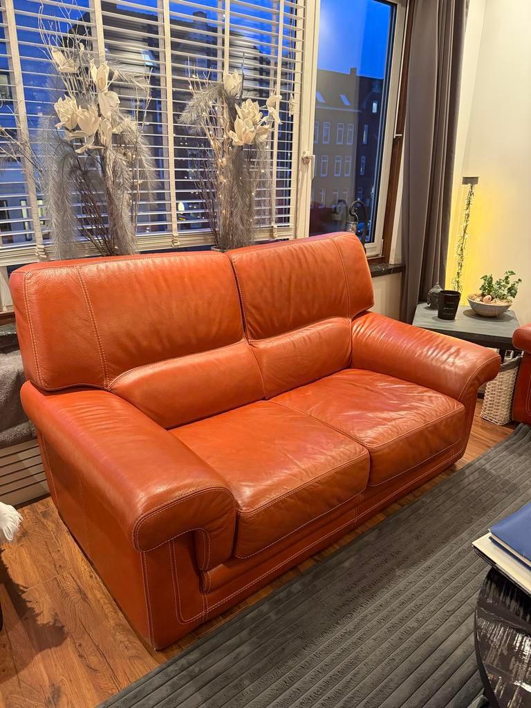 Cognac leren bank, Ophalen, Gebruikt, Driepersoons, Rechte bank