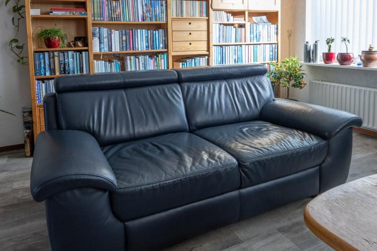 Te koop : Leren zitbank (blauwgrijs), Ophalen, 100 tot 125 cm, 150 tot 200 cm, Tweepersoons