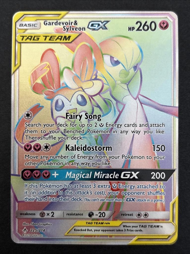 Pokemon - gardevoir & sylveon gx 225/214 (unbroken bonds), Ophalen of Verzenden, Zo goed als nieuw, Losse kaart, Foil