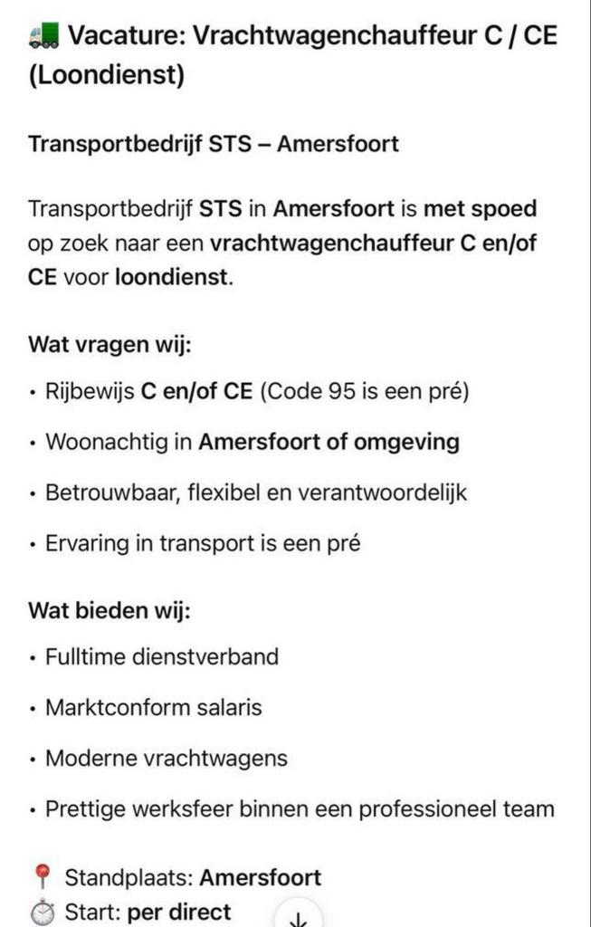 Gezocht chaffeur met rijbewijs C en CE ( geen Zzp’er), 33 - 40 uur, Overige niveaus, Overige vormen