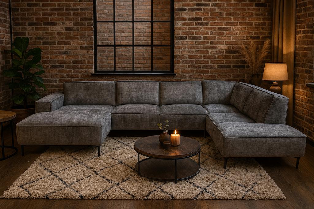 Hoekbank U-Vorm 345cm Grijs stof Direct/Leverbaar E-7225, Hoekbank, Ophalen of Verzenden, Mwonenenslapen, Stof