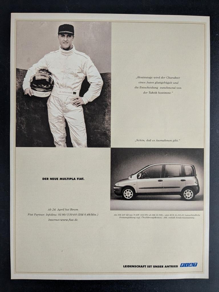 Oude reclame/Advertentie FIAT Multipla - Michael Schumacher, Ophalen of Verzenden, Gelezen, Overige merken