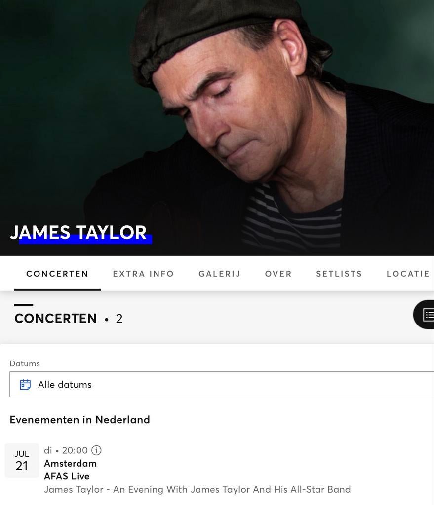James Taylor, 21 juli 2026 Afas Live twee zitplaatsen, Tickets en Kaartjes, Twee personen