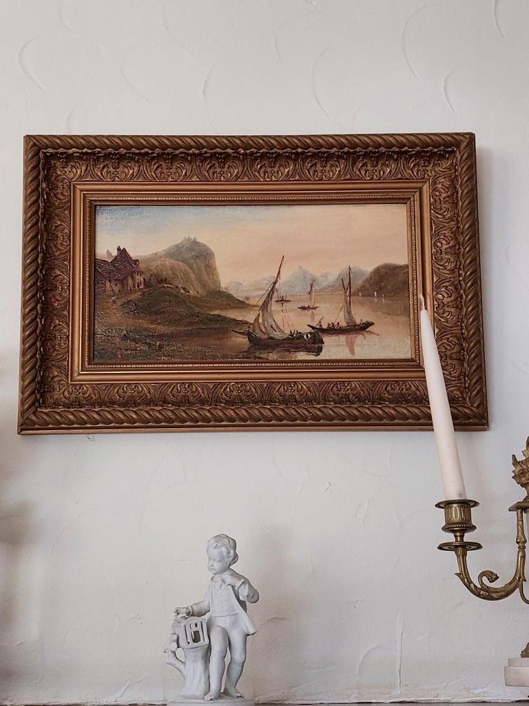 schilderstuk 'Vissersboten op bergmeer', Antiek en Kunst, Kunst | Schilderijen | Klassiek, Ophalen of Verzenden