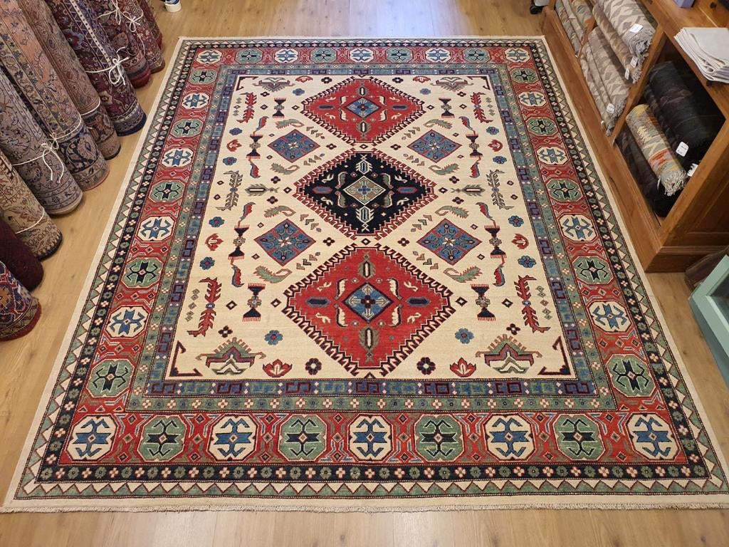 Handgeknoopt oosters tapijt kazak 302x246, Info@SlatsAntiek.nl, Crème, Perzisch, Vof Slats Antiek