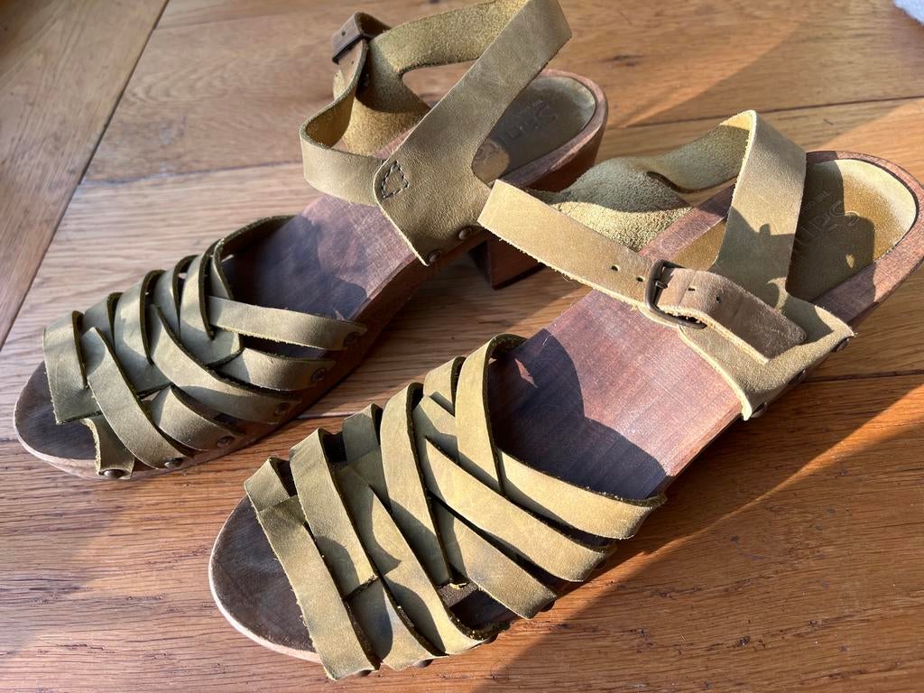 Sanita Deense KlompSandalen leer met houten zool en hak, Kleding | Dames, Schoenen, Zo goed als nieuw, Groen, Sandalen of Muiltjes