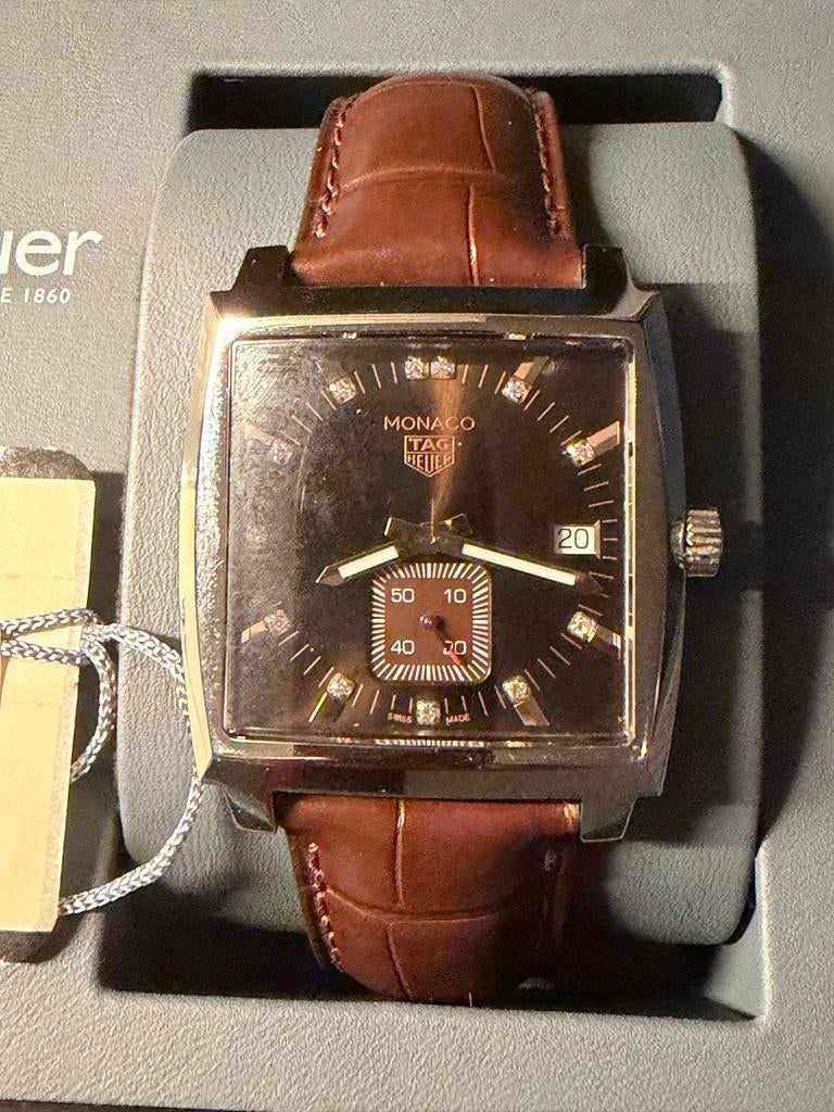 TAG Heuer Monaco Bruin Full Set Nieuw & Ongedragen, Ophalen, Leer, Staal, Polshorloge