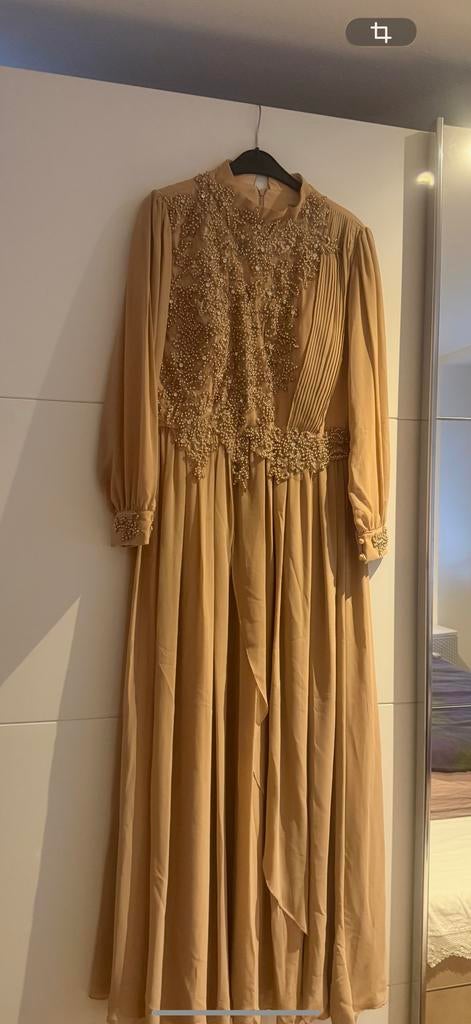 Elegante Crème Lange avondjurk/abiye Maat 46, Galajurk, Beige, Maat 46/48 (XL) of groter, Ophalen of Verzenden