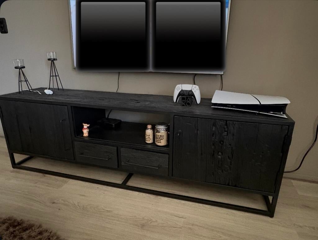 Tv meubel Mangohout Zwart industrieel, Huis en Inrichting, Kasten | Televisiemeubels, Ophalen, 50 tot 100 cm, Zo goed als nieuw