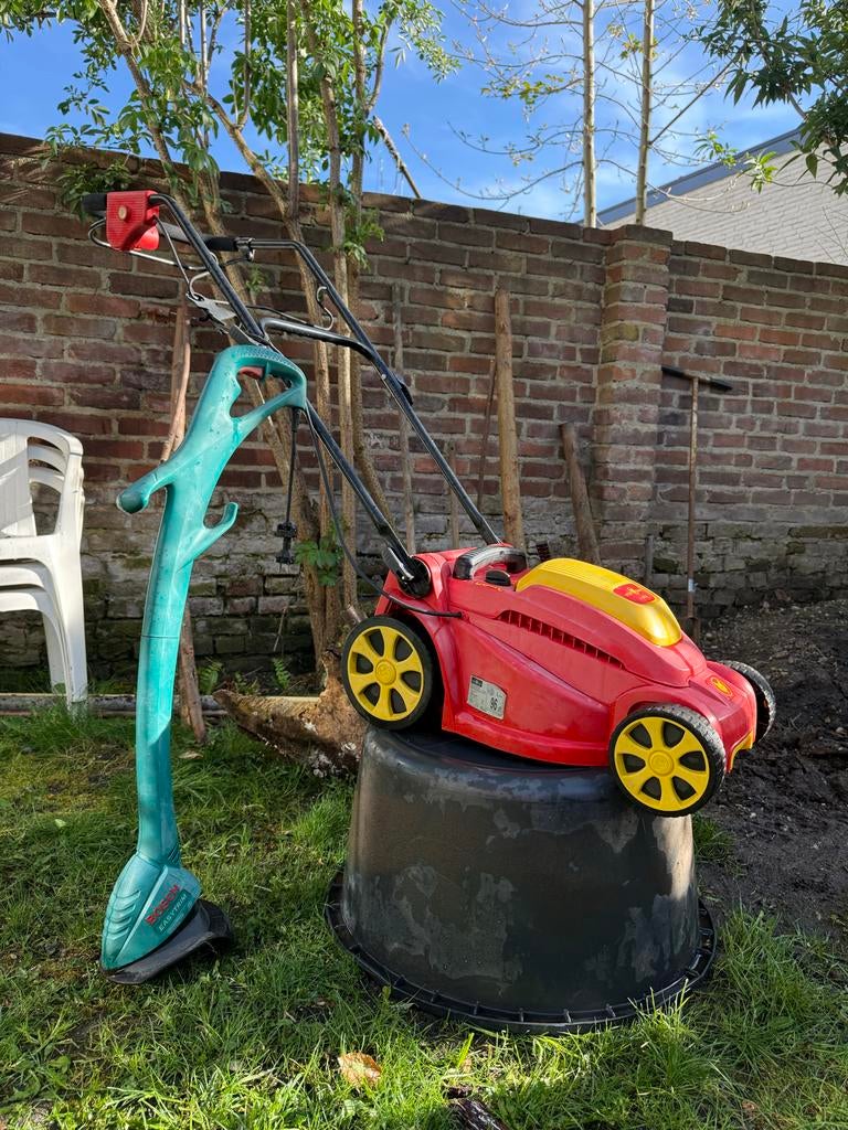 Wolf Garten A340E Grasmaaier en Bosch ART 23-18 LI Trimmer, Ophalen, Cirkelmaaier, Gebruikt, Elektrische grasmaaier