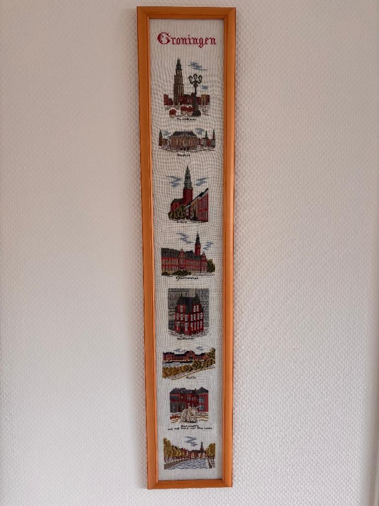 Vintage borduurwerk Groningen / Martinitoren ingelijst., Ophalen of Verzenden